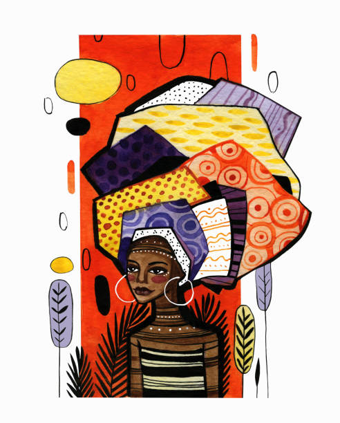 ilustracja afroamerykańskiej dziewczyny na tle pomarańczowego pionowego paska. - afrykanin obrazy stock illustrations