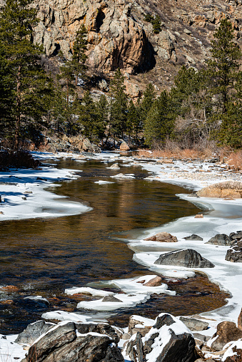 The beautiful Poudre River that runs through the Poudre Canyon outside of Fort Collins, Colorado in winter.