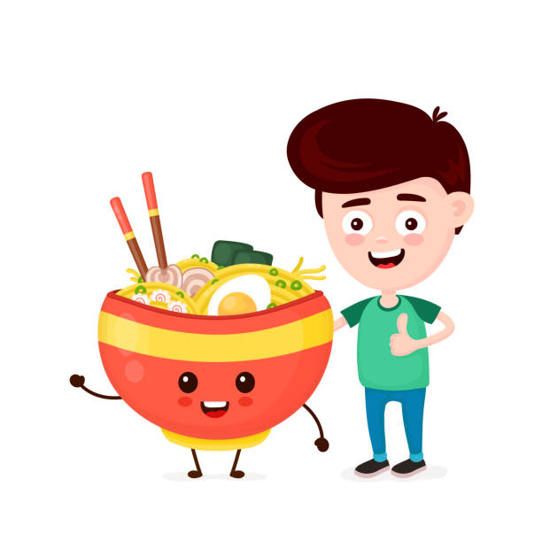 Cute Happy Funny Smiling Young Man And Ramen Bowl Stock Illustration -  Download Image Now - Bowl, Chopsticks, Cute - iStock