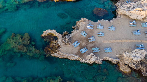 istock Sun Umbrella and Chairs on Beach At Mediterranean Sea, Drone Top Down View 1167822055