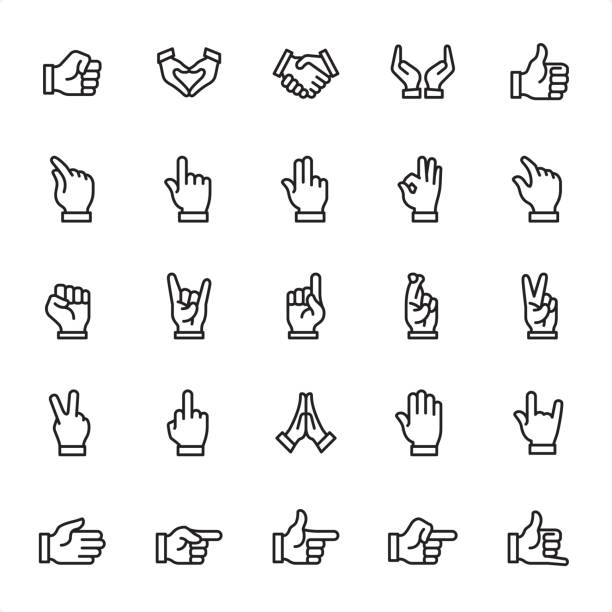 Hand Gestures - Outline Icon Set Hand Gestures - 25 Outline Style - Single black line icons - Pixel Perfect / Pack #45
Icons are designed in 48x48pх square, outline stroke 2px.

First row of outline icons contains:
Fist icon, Hands Cupped in Heart shape, Handshake, Hands Cupped, Thumbs Up;

Second row contains:
Zoom in, Pointer Stick, Two Fingers Touching, Ok Sign, Zoom Out;  

Third row contains:
Fist icon, Horn Sign, Index Finger, Fingers Crossed, Rabbit Ears Gesture;

Fourth row contains:
Peace Sign Gesture, Obscene gesture, Praying, High - Five, Horn Sign;

Fifth row contains:
High-Five, Directing Gesture, Gun Sign, Aiming Gesture, Call me Gesture.

Complete Grandico collection - https://www.istockphoto.com/collaboration/boards/FwH1Zhu0rEuOegMW0JMa_w fingers crossed illustrations stock illustrations