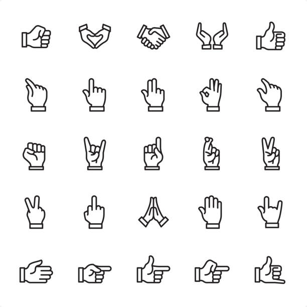 Hand Gestures - Outline Icon Set Hand Gestures - 25 Outline Style - Single black line icons - Pixel Perfect / Pack #45
Icons are designed in 48x48pх square, outline stroke 2px.
First row of outline icons contains:
Fist icon, Hands Cupped in Heart shape, Handshake, Hands Cupped, Thumbs Up;
Second row contains:
Zoom in, Pointer Stick, Two Fingers Touching, Ok Sign, Zoom Out;
Third row contains:
Fist icon, Horn Sign, Index Finger, Fingers Crossed, Rabbit Ears Gesture;
Fourth row contains:
Peace Sign Gesture, Obscene gesture, Praying, High - Five, Horn Sign;
Fifth row contains:
High-Five, Directing Gesture, Gun Sign, Aiming Gesture, Call me Gesture.
Complete Grandico collection - https://www.istockphoto.com/collaboration/boards/FwH1Zhu0rEuOegMW0JMa_w pinky finger stock illustrations