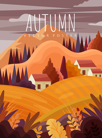 Colourful autumn or fall landscape with mountains and quaint houses nestling in trees in a cartoon vector illustration of the seasons