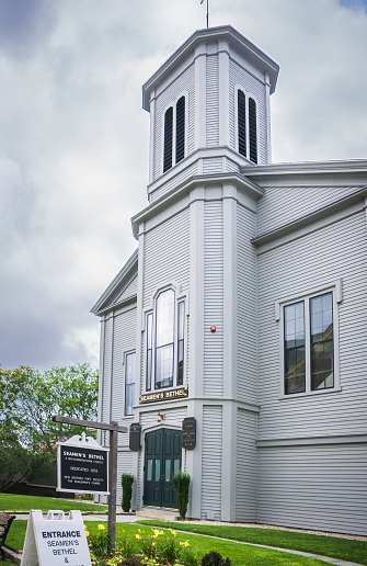 New Bedford, Massachusetts, USA-August 7, 2019- The front facade of the New Bedford Seaman's Bethel made famous by Herman Melville in his classic novel 