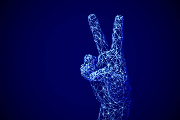 ilustrações, clipart, desenhos animados e ícones de conceito da vitória da inteligência artificial: mão humana ou do robô de 3d digital que mostra o gesto da vitória. - multiple birth