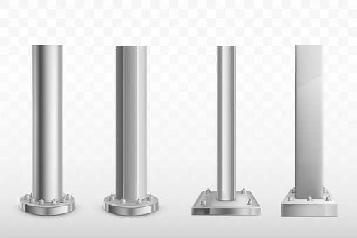 Different shape and form metallic pillars or columns screwed with bolts and screw-nut to massive round and square base 3d realistic vector set. Architectural, industrial construction support element