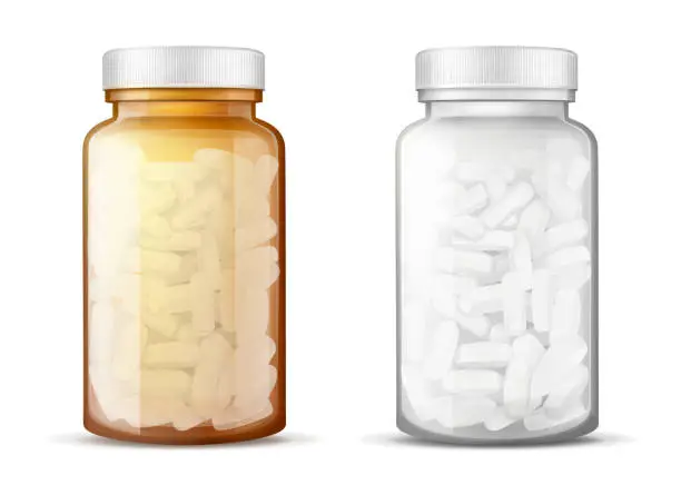 Vector illustration of Glass bottles with pills realistic vector mock-up