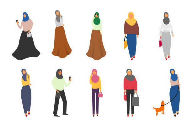 bildbanksillustrationer, clip art samt tecknat material och ikoner med muslimska kvinnor set. söt tecknad arabiska flickor i traditionell klänning. affärskvinna samling - iranian girl