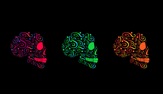 Skull icons halftone neon color background