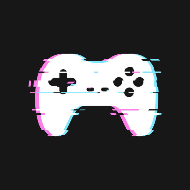 glitched symbol der gamepad-vektor-illustration. isolierter joystick mit geräuscheffekten auf dunklem hintergrund. - anaglyph stock-grafiken, -clipart, -cartoons und -symbole