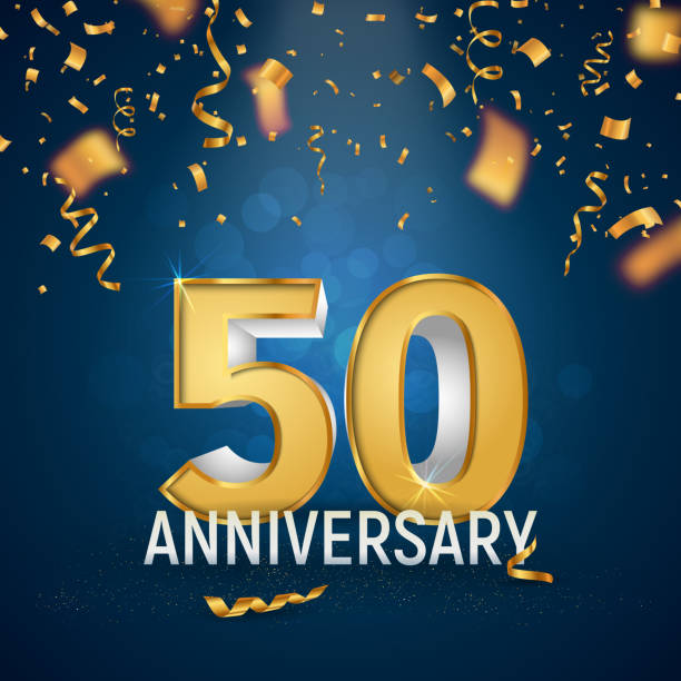 Golden Fifty years anniversary on dark blue background. Golden ribbons and confetti fall from top to bottom. Template birthday celebration vector illustration Golden Fifty years anniversary on dark blue background Golden ribbons and confetti fall from top to bottom Template birthday celebration vector illustration business party stock illustrations