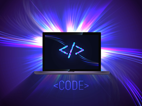 Portable Computer On Glowing Abstract Background Html Css Php Coding ...