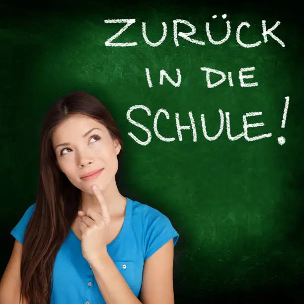 Zuruck in die Schule - German college university student woman thinking Back to School written in German on blackboard by female on green chalkboard. German language at college or high school.