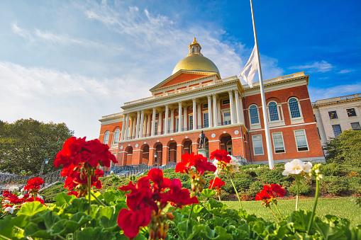Massachusetts State House in Boston historic city center, located close to landmark Beacon Hill