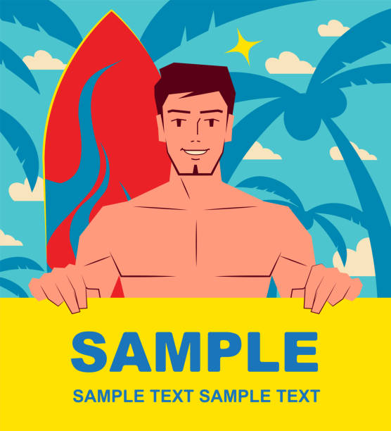 ilustrações de stock, clip art, desenhos animados e ícones de smiling handsome surfer with surfboard holding blank sign - gold coast australia lifeguard sea
