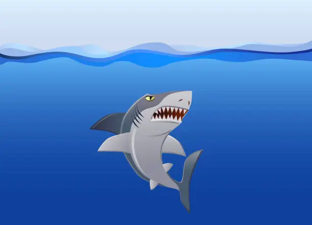 Vector illustration of Angry shark looking up under the sea