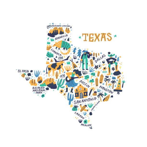 texas karikatür harita vektör illüstrasyon. batı amerika devlet şehirleri, simgesel yerler, turistik ve güzergahisimleri doodle çizimleri. abd seyahat infografik afiş, afiş düz el çizilmiş tasarım - teksas illüstrasyonlar stock illustrations