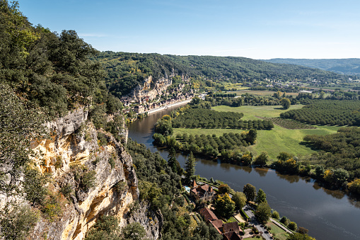 Aerial view of the medieval village of La Roque-Gageac in the historic Perigord region of France