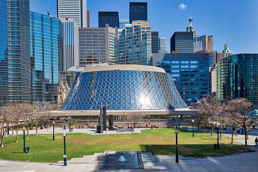 Toronto, Canada-12 October, 2018: Downtown Metro Square Plaza near and Roy Thompson Concert Hall, a home to the Toronto Symphony Orchestra and Toronto Mendelssohn Choir