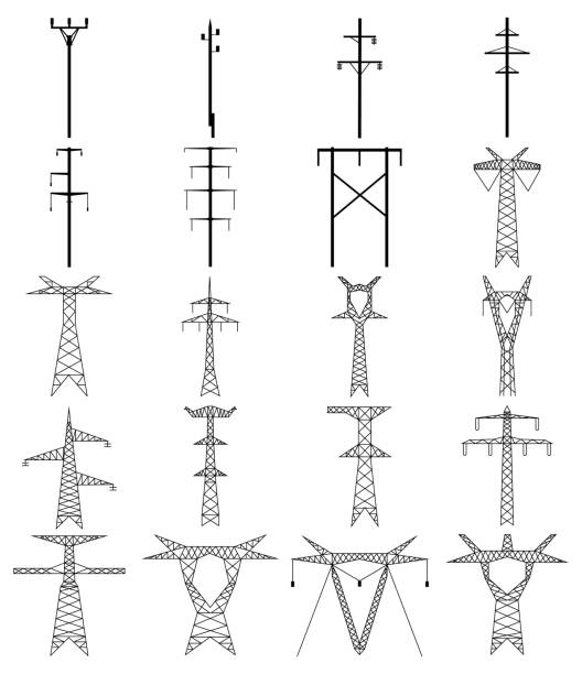 전기 타워 라인 아이콘의 집합입니다. 고전압 전기 철탑. - electricity pylon stock illustrations