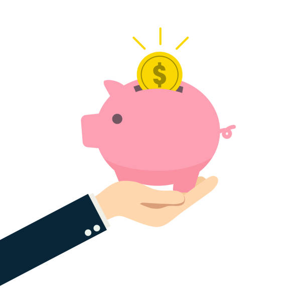 ilustrações de stock, clip art, desenhos animados e ícones de a person holding a piggy bank in his hand - businessman computer icon white background symbol