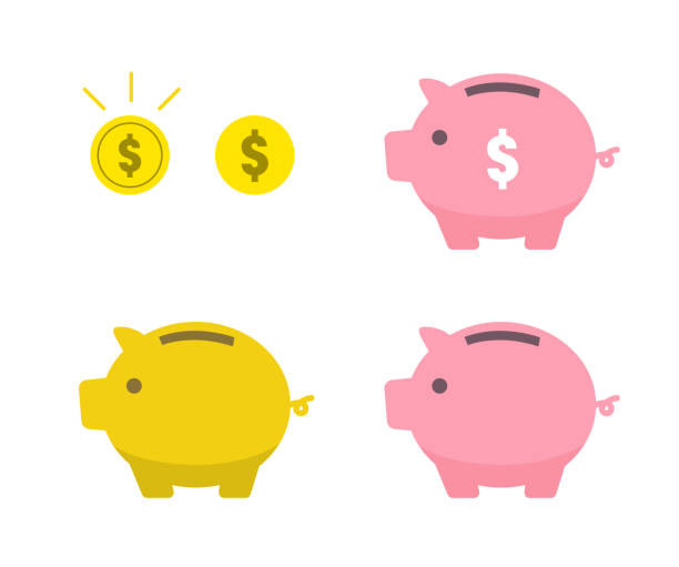 Piggy bank and coin icon set Piggy bank and coin icon expense illustrations stock illustrations