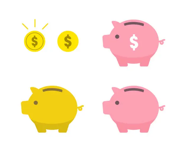 Vector illustration of Piggy bank and coin icon set