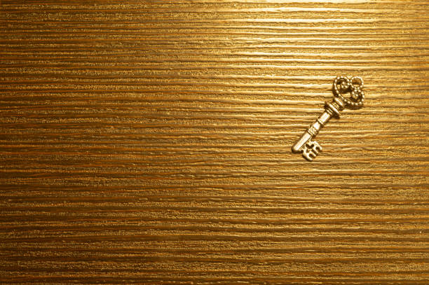 Vintage key isolated on wooden background. safety and security concept