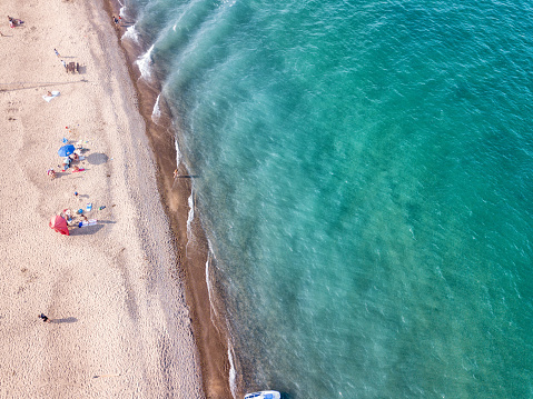 Aerial view of Port Huron on Lake Huron with its sandy pink beach and turquoise blue water