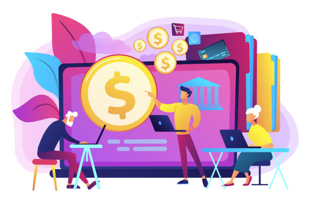 Financial literacy of retirees concept vector illustration. Financial consultant calculating pensioners fund. Financial literacy of retirees, retirement planning courses, retirement income control concept. Bright vibrant violet vector isolated illustration retirement planning advisor stock illustrations