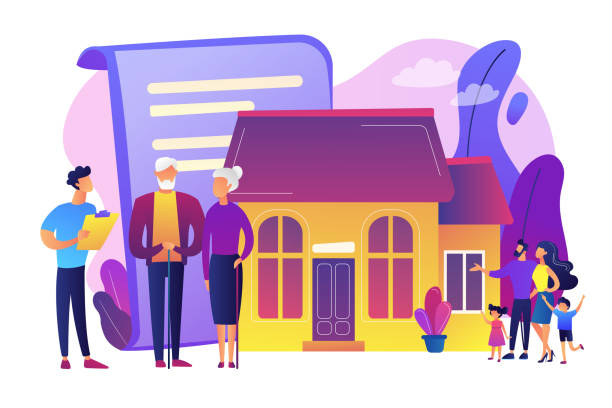 Retirement estate planning concept vector illustration. Property insurance, testament signing, house buying. Retirement estate planning, inheritance planning, financial advisor and lawyer services concept. Bright vibrant violet vector isolated illustration retirement plan document stock illustrations