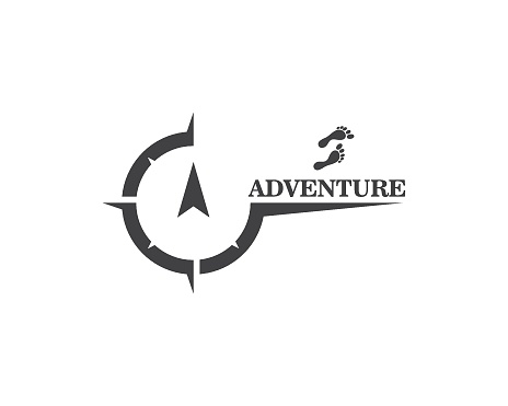 adventure font with compass and foot icon Logo Template Vector