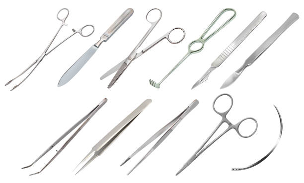 Set of surgical instruments. Vector illustration Set of surgical instruments. Different types of tweezers, scalpels, Liston s amputation knife, clip with fastener, straight scissors, Folkmann s jagged hook, Meyer s forceps, surgical needle. Vector illustration knife wound illustrations stock illustrations