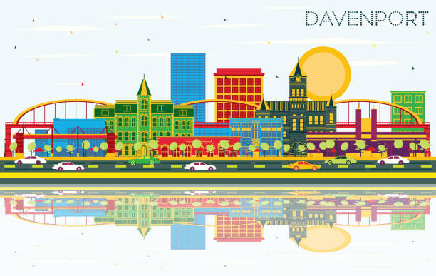 Davenport Iowa Skyline with Color Buildings, Blue Sky and Reflections. Davenport Iowa Skyline with Color Buildings, Blue Sky and Reflections. Vector Illustration. Business Travel and Tourism Illustration with Historic Architecture. davenport iowa stock illustrations