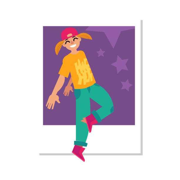 ilustrações, clipart, desenhos animados e ícones de ilustração do vetor da menina do hip-hop da dança-miúdo que faz o movimento moderno da dança da ruptura. - dancing breakdancing street city life