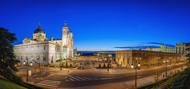 Madrid Spain, panorama city skyline sunset at Cathedral de la Almudena