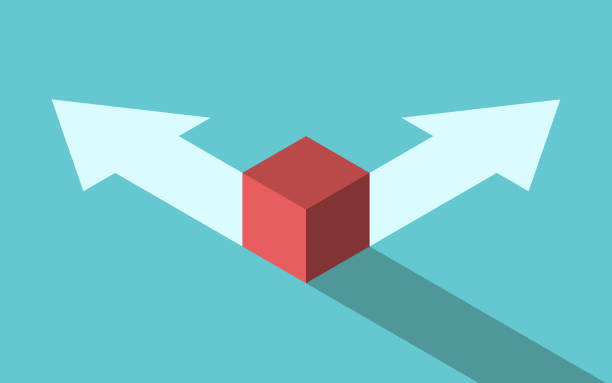 Isometric cube, two options Isometric red cube on different directions arrows, choice between two ways. Opportunity, decision, confusion, challenge concept. Flat design. EPS 8 vector illustration, no transparency, no gradients version 2 stock illustrations