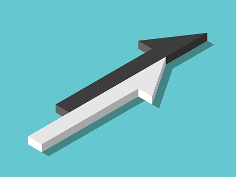 Isometric arrow made from two white, black uncoordinated halves. Discord, confusion, mistiming, lag, inner competition concept. Flat design. EPS 8 vector illustration, no transparency, no gradients