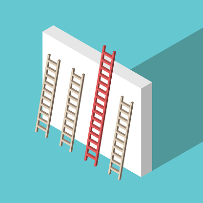 Isometric red unique ladder set against wall on turquoise blue background. Uniqueness, achievement and competition concept. Flat design. EPS 8 vector illustration, no transparency, no gradients