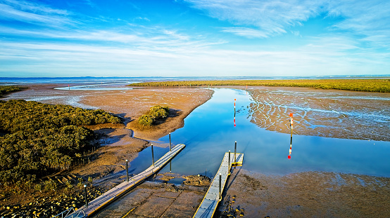 Tooradin mangroves and estuary as seen from above by the boat ramp at low tide