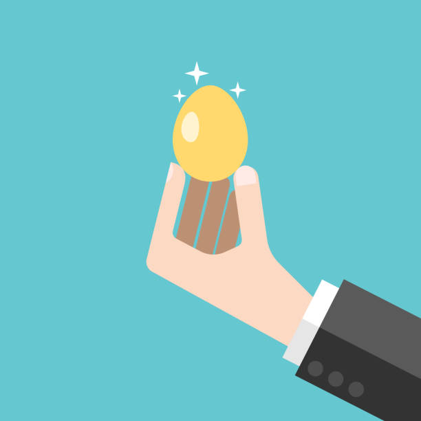 Hand holding gold egg Hand of businessman holding shiny gold egg on turquoise blue background. Wealth, investment, profit and luck concept. Flat design. EPS 8 vector illustration, no transparency, no gradients gold ira stock illustrations