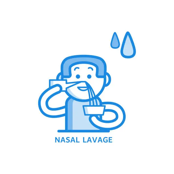 Vector illustration of Nasal irrigation and lavage process line icon - man washing his sinuses in nose with water or medicine.