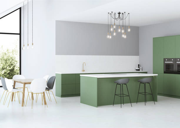 istock Modern house interior. Gray interior with green kitchen. 3D rendering. 1167903947