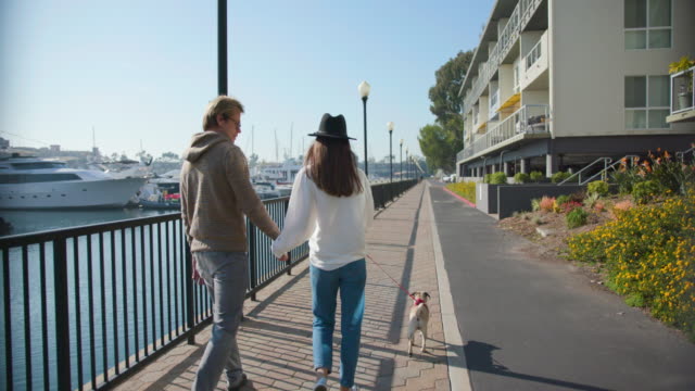 Young couple have a walk by the seaside with dog