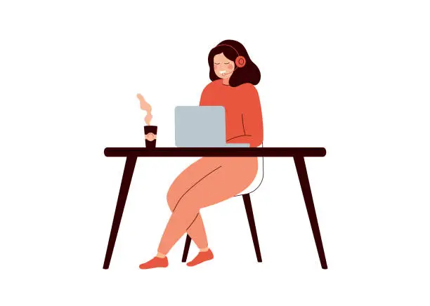 Vector illustration of Happy woman sitting at desk and working on laptop computer