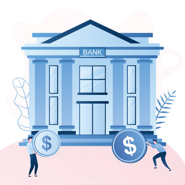 Classical bank building and businessmen pay loans Classical bank building and businessmen pay loans, credit burden background,male characters with coins,trendy style vector illustration slave market stock illustrations