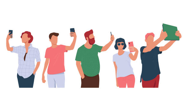 Young people taking selfie photo with smartphones Young people taking selfie photo with smart phones and tablet. Flat vector illustration selfie illustrations stock illustrations