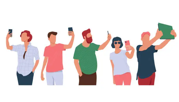 Vector illustration of Young people taking selfie photo with smartphones