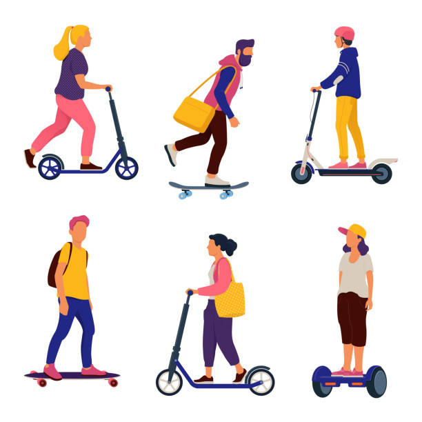 People riding personal transporters People riding personal transporters. Young men and women riding scooters, skateboards and hoverboard. Vector illustration in flat style. push scooter stock illustrations