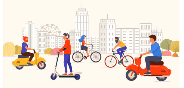 ludzie jeżdżący nowoczesnym transportem osobistym w mieście - electric motor obrazy stock illustrations